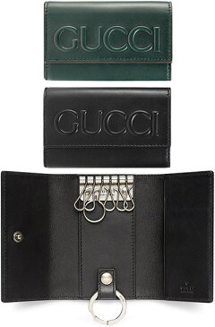 GUCCI グッチビッグエンボスロゴ 6連キーケーストツロゴ レザーキーホルダーブラック グリーン XL 1000 3020メンズ レディース ユニセックスカードスロットやキーリング付き便利