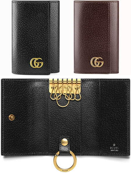 グッチ キーケース（レディース） GUCCI グッチ6連キーケースGGロゴ 刻印ロゴキーリングGGマーモント ブラック ダークブラウンアンティークゴールド GGロゴキーホルダー 10002145 ダブルGメンズ レディース ユニセックスキーケースウォレット カーフスキンレザー