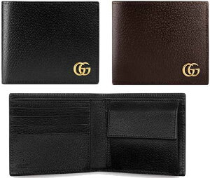 GUCCI グッチ小銭入れ付き二つ折り財布ダブルGロゴ ゴールドGGマーモントブラック ダークブラウン型押しカーフレザーコインウォレット10002145 2つ折り財布