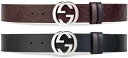 GUCCI グッチ メンズカーフレザーリバーシブルベルトブラック×GGアイコンダークブラウンインターロッキングGバックルプレートオンタイム スーツスタイルGロゴ...