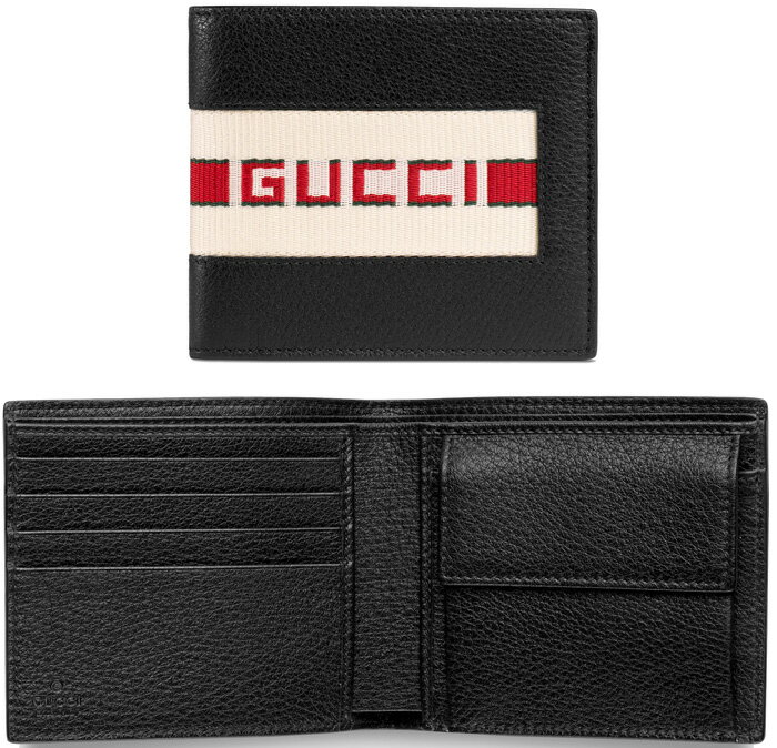 グッチ 二つ折り財布（メンズ） GUCCI グッチ小銭入れ付き2つ折り財布型押しブラックグレイニーレザージャカードストライプ グリーン＆レッドロゴ 1094BK 二つ折り財布メンズにプレゼントで大人気型押し革 サイフ さいふ ウォレット