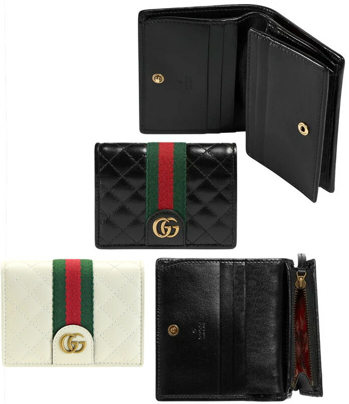 グッチ 名刺入れ GUCCI グッチコインケース＆紙幣入れ付き2つ折り名刺入れダブルGロゴ×ウェブライン グリーン×レッドヴィンテージブラックキルティングレザーブラック オフホワイト GGロゴ小銭入れ付きカードケース札入れ付き名刺ケース 9179OWH1060 財布