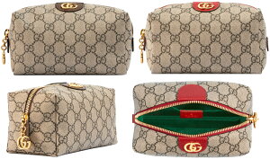 GUCCIグッチ ダブルGロゴ化粧ポーチ小物入れ コスメポーチベージュGG×ダークブラウンGGスプリームキャンバスコスメティックケースハイビスカスレッド ブラウンモアレライニング オフィディア9778RE8358BROPHIDIA