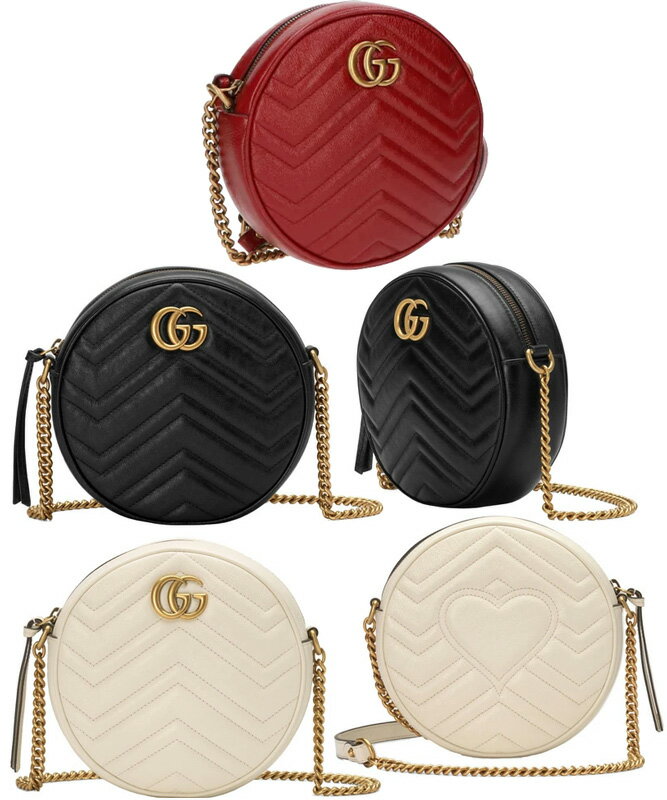 グッチ ポシェット レディース GUCCI グッチ ポシェットアンティークゴールドダブルGロゴシェブロンキルティングレザーチェーンショルダーストラップ付きラウンドミニバッグ GGマーモントショルダーバッグ 100090226438REホワイトアイボリー ブラック レッド