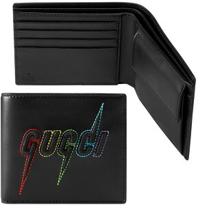 GUCCI グッチ小銭入れ付き二つ折り財布ブラック マルチカラーステッチロゴブレードエンブロイダリースムースレザーコインウォレット刃 刀 剣 さいふ サイフ BILFOLD1058BKレインボーカラーステッチ刺繍