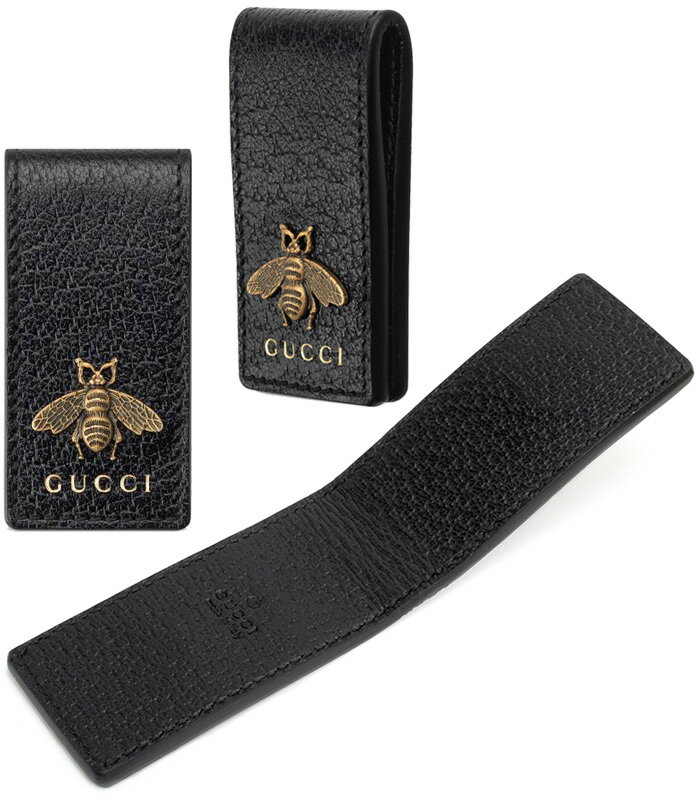 グッチ マネークリップ GUCCI グッチ マネークリップハチ＆メタルロゴ ブラックレザーアンティークゴールド メタルビーお札クリップ サイフ 財布 さいふ 蜂Animalier BEE1000BKアニマリエ お財布を持ち歩きたくない方へ