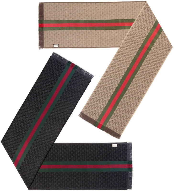 GUCCI グッチ おしゃれマフラー メンズ レディースGG柄 センターラインウェブライトブラウン×ベージュブラック×グレーグリーン×レッドウェブラインロンバスデザイン ストールとしてもOKGGパターン シルク×ウール 2766BEDBR1166BK