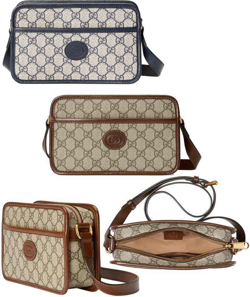 グッチ 帆布・キャンバス トートバッグ レディース GUCCI グッチ ショルダーバッグインターロッキングG エンボスロゴレザーパッチGGスプリームキャンバス×レザーミニポシェット 斜め掛け オーバルレザータグベージュ×ブラウン ×ネイビースクエアGG鞄 レザートリム PVCコーティング 8563BEK9GSN4075NV