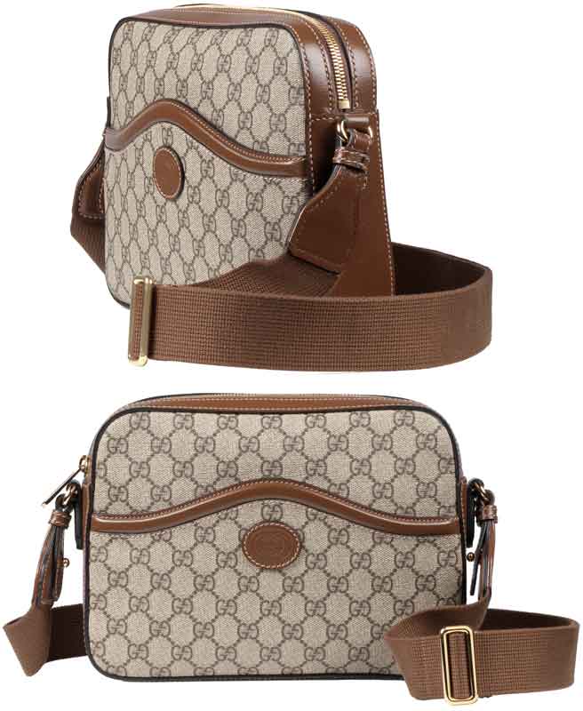 GUCCI グッチ メッセンジャーバッグインターロッキングG エンボスロゴレザーパッチGGスプリームキャンバス×レザー斜め掛けショルダーバッグ オーバルレザータグベージュ×ブラウン鞄 ブラウンレザートリム PVCコーティング? 8563BEBRBAG