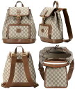 GUCCI グッチ リュックサックインターロッキングGロゴフロンファスナーポケットエンボスロゴオーバルレザータグベージュ×ブラウン GGスプリームキャンバスブラウンレザー トリム ダブルG バックルベルトフラップトップコットンライニング 8563BEBR(4)