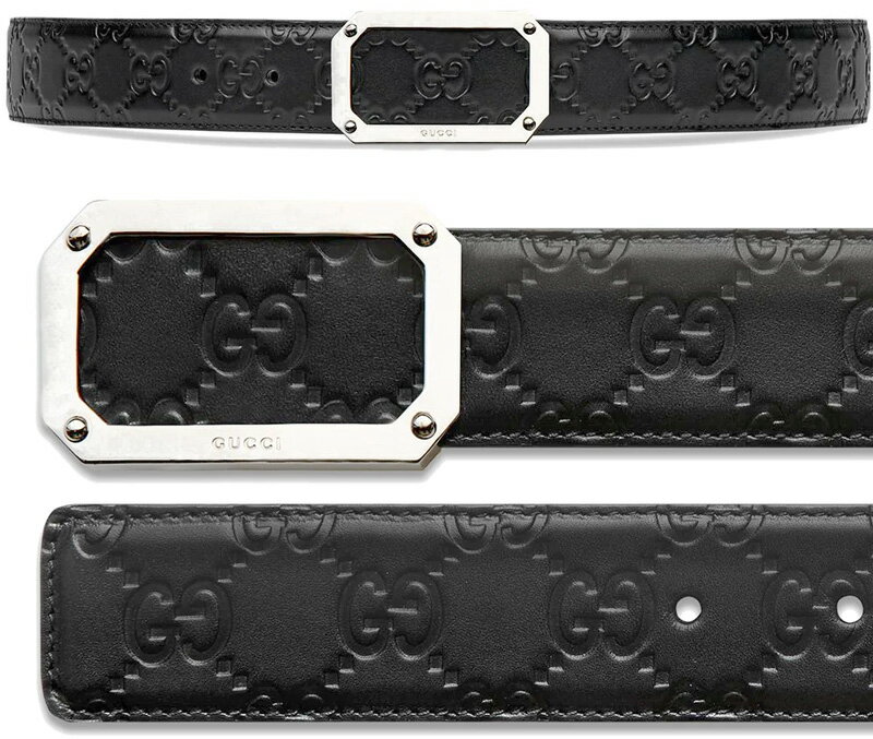 グッチ ベルト（メンズ） GUCCI グッチロゴ刻印オクタゴンフレームバックルGGアイコンパターン メンズレザーベルトブラック パラジウムシルバー エンボスシグネチャーロゴカーフスキンレザー オンタイム＆オフタイムに 1000BKGG