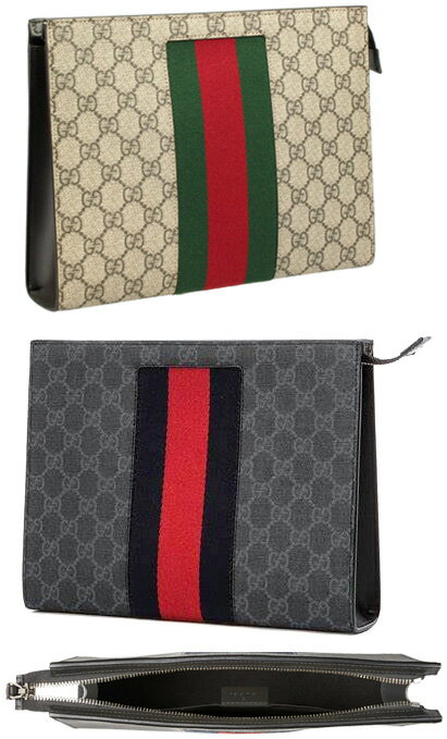 グッチ 結婚式向きバッグ メンズ GUCCI グッチ ファスナーポーチセカンドバッグ コーティングGGキャンバスブラック×ダークグレー ベージュ×ダークブラウンウェブストライプ GGスプリームキャンバスインサイドエンボスロゴレザータグGG SUPREME1095BKDGYKHN4N