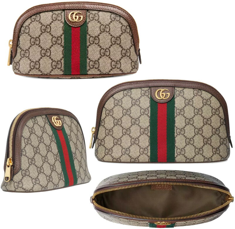 セカンドバッグ GUCCI グッチコスメポーチ GGロゴ小物入れGGロゴ GGスプリームキャンバス ベージュ×ダークブラウンジップファスナーコスメティックバッグウェブ ストライプ シェルフォルム ブラウンレザートリムOPHIDIA8745BEBRセカンドポーチ グリーン×レッド