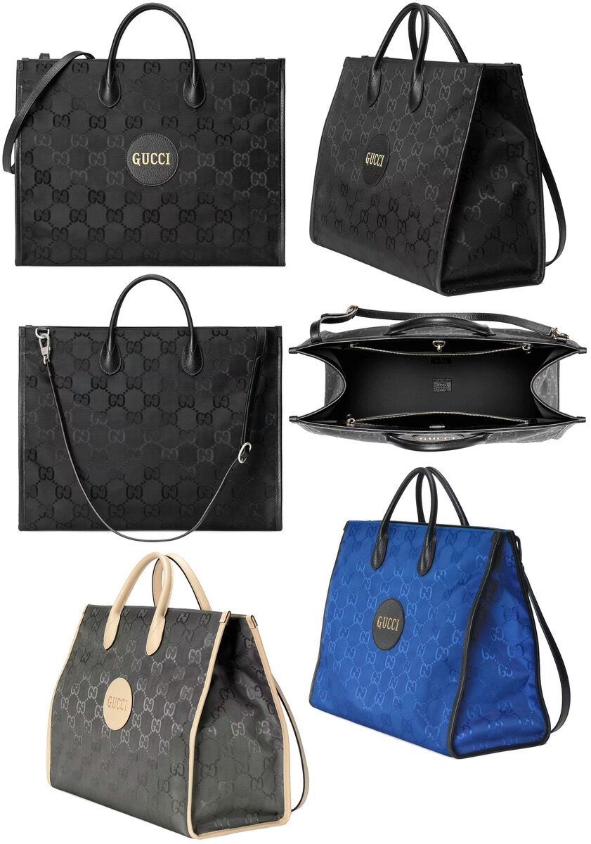 ハンドバッグ GUCCI グッチダブルハンドル2WAYトートバッグロゴラウンドレザータグ ショルダーバッグオフザグリッドハンドバッグブラック ブルー ダークグレー GGナイロンレザートリム ブラック オフホワイト鞄 バック OFFTHEGRIDTOTEBAG1263DGY10004267BL