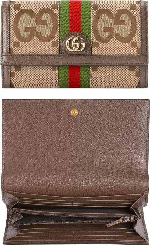 GUCCI グッチ小銭入れ付き二つ折り長財布ダブルGロゴ ジャンボGGキャンバスキャメルベージュ×ダークブラウンレッド×グリーンウェブ 2つ折り財布ウェブストライプ ブラウンレザートリム OPHIDIA2570BEDBRモアレライニング コンチネンタルウォレット