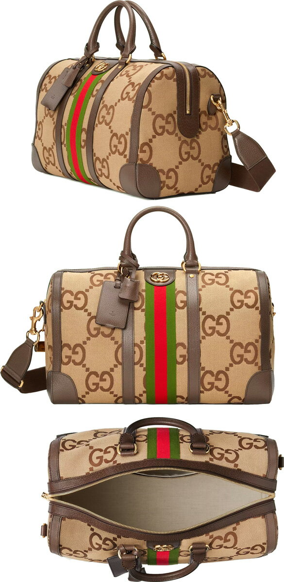 GUCCI グッチ ボストンバッグゴールドダブルGロゴ GGパターンキャンバスベージュ×ダークブラウン×ウェブラインジャンボGGキャンバスダッフルバッグ旅行用バッグ トラベルバッグ 旅行鞄レッド×グリーンウェブストライプバック 鞄 カバン 8396BEBRBAG