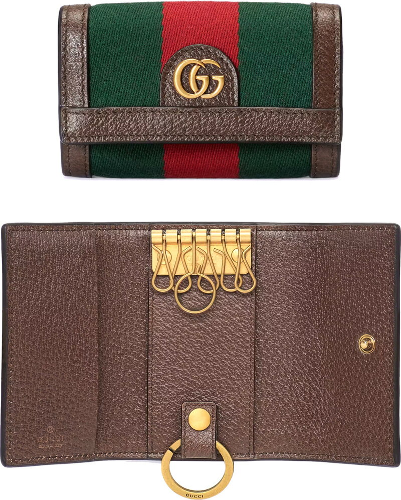 グッチ キーケース（メンズ） GUCCI グッチキーリング付き6連キーケースグリーン×レッドウェブラインアンティークゴールドダブルGロゴウェブストライプキャンバス キーホルダーブラウンレザートリム 8742DBRメンズ レディース ユニセックス カーフスキンレザー