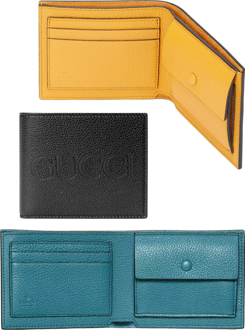 グッチ 二つ折り財布（メンズ） GUCCI グッチ メンズ小銭入れ付き2つ折財布エンボスオーバーロゴ型押しレザー 二つ折り財布ブラック×エメラルドブルー ×イエローエンボスGUCCIロゴ コンビネーションカラーモアレライニング ミニマルウォレットBIFOLD WALLETS 1245YE1199EBL