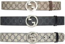 GUCCI グッチ メンズ レザーベルトラウンドインターロッキングGロゴバックルプレートGGスプリームキャンバス ブラック×ダークグレーベージュ×ダークブラウン...