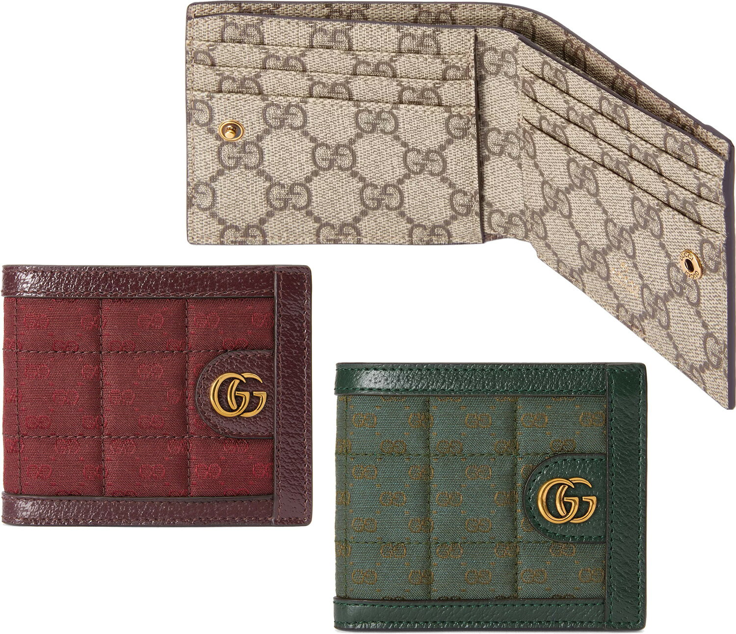 グッチ 二つ折り財布（メンズ） GUCCI グッチ メンズ レディース二つ折り財布 カードウォレット 札入れGGスプリームキルティングミニGGキャンバス×ワインレッド グリーン ベージュ×ダークブラウンカーフレザー オシャレ2つ折り財布小銭入れ無し シンプルライン 3046GN6041WI