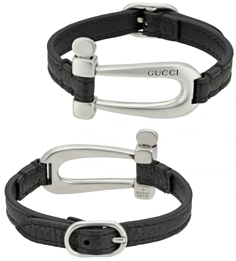 GUCCI グッチ メンズ スティラップレザーブレスレット ロゴ刻印プレートスターリングシルバー×ブラックレザーストラップエングレービングロゴシルバースティラップ ディテールバックル クロージャー レディース 男女兼用 LEATHER BRACELET 8131BKSL