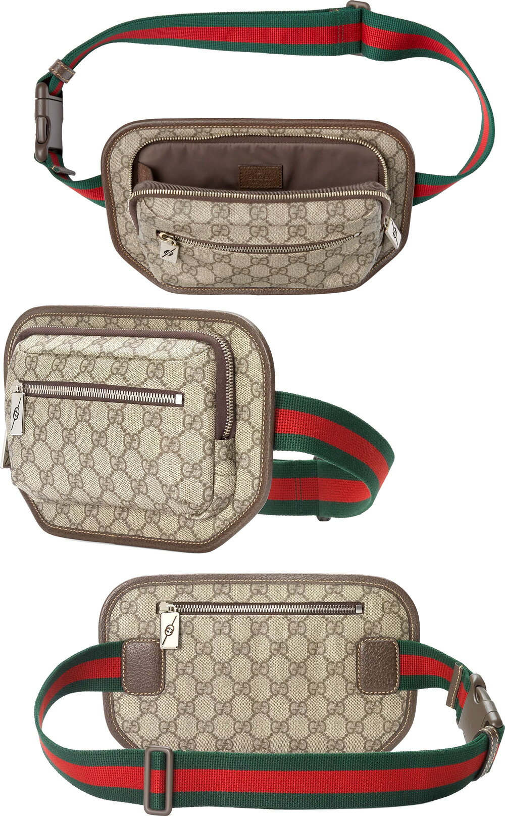 GUCCI グッチ ウエストバッグフロントファスナーポケットボディーバッグGG ベルトバッグ GGスプリームキャンバスベージュ×ダークブラウン便利な背面ファスナーポケット付きブラウンレザートリム レッド×グリーンウェブ ストライプ 9765BEDBR