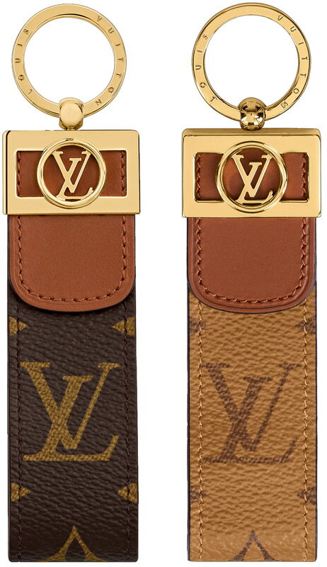 LOUIS VUITTON キーホルダーロゴ刻印キーリング＆リバースキャンバスライトブラウン ドーフィーヌバックルダークブラウン ゴールドドーフィーヌバックルLVサークルロゴポルトクレドラゴンヌドーフィーヌルイビトン モノグラムリバースキャンバス