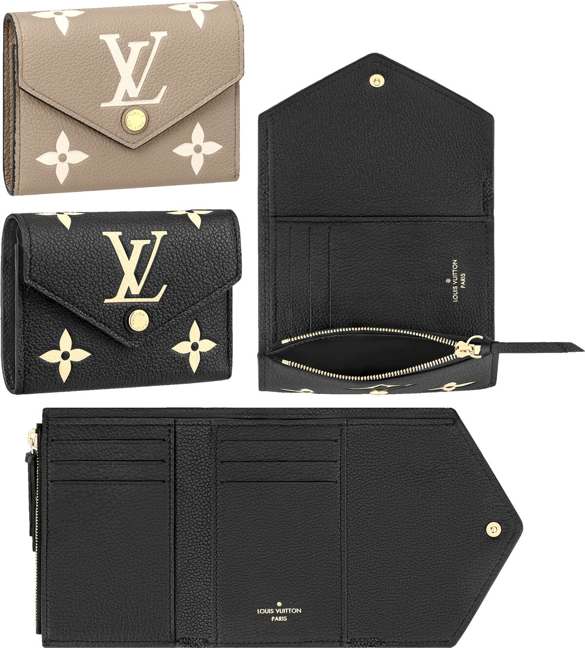 LOUIS VUITTON ルイヴィトン小銭入れ付き三つ折り長財布モノグラムアンプラントレザープリントエンボスカウハイドレザー ブラック×ベージュ ベージュ×クリームフラップ付きエンヴェロップヴィクトリーヌウォレットルイビトン 3つ折り財布