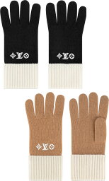 ルイ・ヴィトン 手袋（レディース） LOUIS VUITTON ルイヴィトンレディース ウール手袋LVイニシャル刺繍ロゴ 3つのモノグラムフラワーモチーフルイビトン キャメル ブラックコントラストリブ編み手首 グローブ LVヘッドラインカジュアルな冬のラグジュアリーアイテム WOOLGLOVES