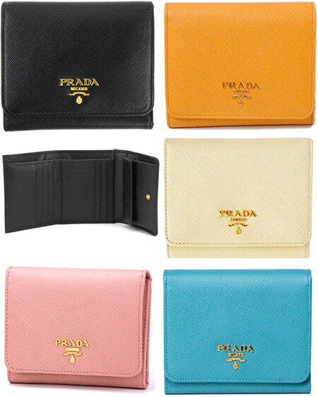 プラダ 財布（レディース） PRADA プラダ 小銭入れ付き三つ折り財布 ブラック ピンクメタルロゴプレート サフィアノカーフレザーSAFFIANO METALORCHIDEA CERA NERO3つ折り財布 サフィアーノイエロー ダークピンク ダークブルー財布 サイフ さいふ