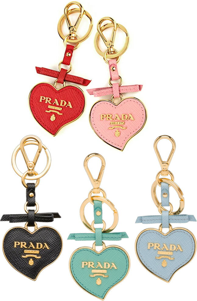 プラダ キーホルダー（レディース） PRADA プラダ リボン付きハートキーリングフックホルダー サフィアノレザーメタルロゴ キーホルダーSAFFIANO TOYS HEARTブラック プラチナゴールド パープル オレンジ イエローパールピンク スカイブルー エメラルドPETALOF0442PK ROSSOF0011REF0002BK