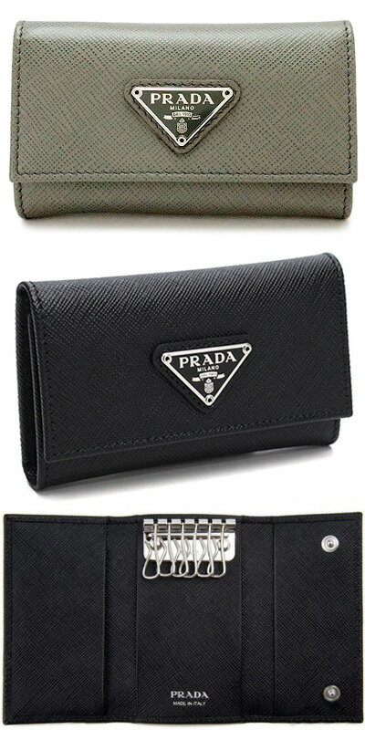 レザー PRADA プラダ 6連キーケース三角ロゴプレート シルバー ゴールドマルモグレー ブラックサフィアノカーフレザ－テスートナイロン×サフィアーノレザーSAFFIANO TRAIANGOLOBLACK SILVER NERO1 F0002 MARMOキーホルダー ダブルスナップ