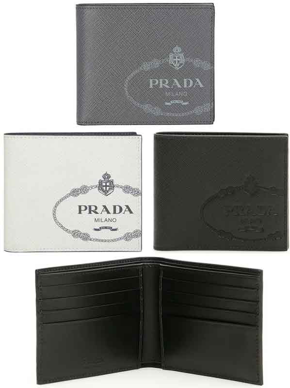 プラダ 財布（メンズ） PRADA プラダメンズ 二つ折り財布 札入れ サフィアノカーフレザーミラノロゴプリントブラック オフホワイト×ブラック グレーSAFFIANO PRINT WALLET型押しロゴ2つ折り財布 サフィアーノ 小銭入れなし TALCO×NERO F0002F0N13WHF0MO7GY