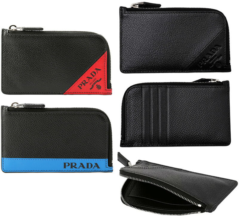 プラダ 財布（メンズ） PRADA プラダ 小銭入れカードケース付きL字ファスナーコインケースエンボスミラノロゴ ブラック レッド ブルー財布 カーフレザー定期入れ カードポケットヴィッテロ マイクロ グレインレザー財布 サイフ さいふCOIN &CARDCASEF0002NERO