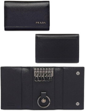 PRADA プラダ キーリング付きメタルロゴ 6連キーケースパスケース付き カードケースブラックサフィアノカーフレザー定期入れ付き 型押し牛革キーホルダー F0002F0G52BKDNV SAFFIANOBICOLOREF0002BKNEROBALTICO