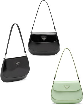 PRADA プラダフラップ付きショルダーバッグブラックブラッシュドレザーパステルグリーン クロスボディバッグエナメルトライアングルロゴ クレオバッグ曲線サイド＆ボトムラインパッチポケット付きロゴナイロンライニングF0934PGNF0002BKV OOO