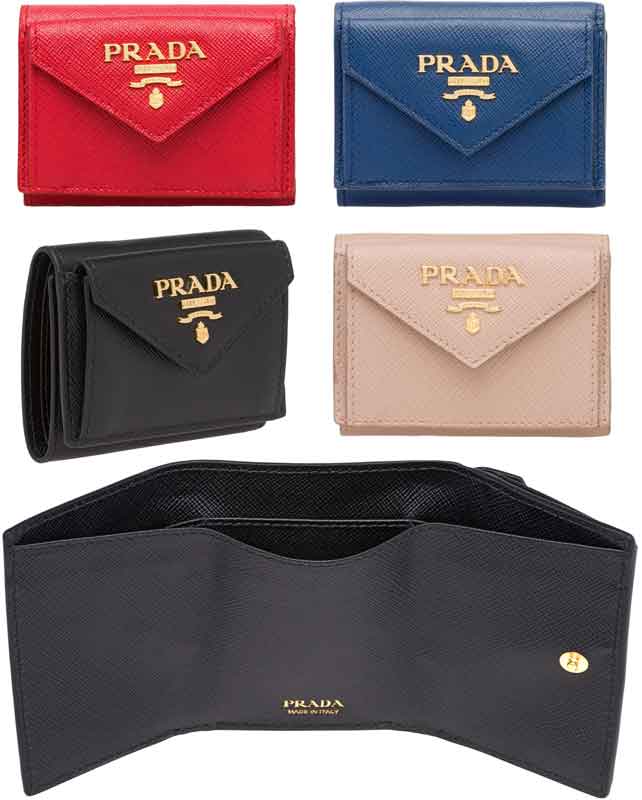 PRADA プラダ 小銭入れ付き3つ折り財布メタルロゴ 三つ折り財布ブルー ブラック レッド ベージュ ピンクブラウン ライトブルー ネイビー ライトピンクSAFFIANO OROサフィアーノNEROF0236PKBEF068ZREF0016BLF0002