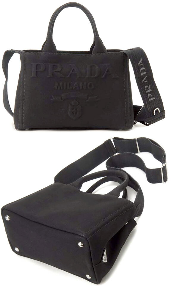 PRADA プラダ ハンドバッグ2WAYキャンバスショルダーバッグサイド三角ロゴプレート 立体エンボスロゴブラック 斜め掛けトートバッグロゴテープショルダーストラップ コットンキャンバス サイドトライアングルロゴCANAPAF0002BKKAO かばん バック 鞄