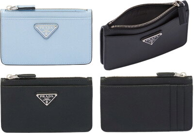 PRADA プラダ 三角ロゴプレートファスナー小銭入れ付きクレジットカードケースライトブルー ブラックサフィアノレザーエナメルメタルトライアングルロゴコインケース付きカードケースフラグメントケース 牛革モアレ×レザーライニング F0076LBLF0002