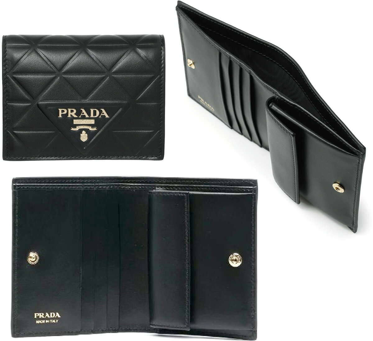 プラダ ミニ財布 レディース PRADA プラダ レディース小銭入れ付き二つ折り財布エンボスキルティングブラックソフトレザーフレームエンボス立体三角ロゴ2折り財布 ブラックトライアングルロゴ ミニ財布 F0002BK