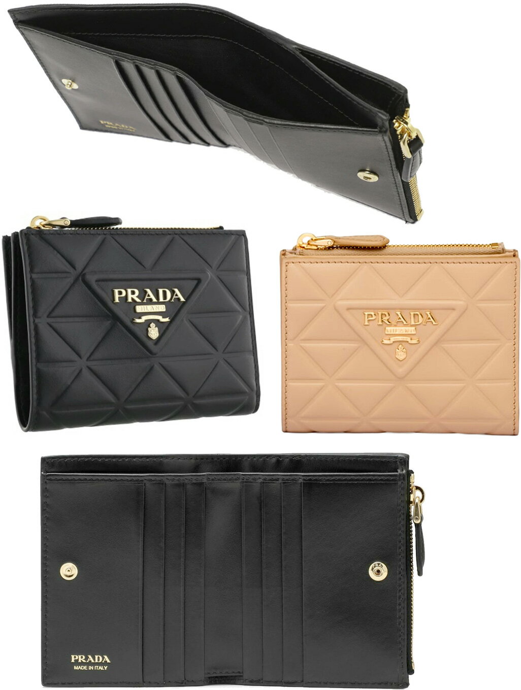 プラダ ミニ財布 レディース PRADA プラダ レディースファスナー小銭入れ付き二つ折り財布エンボスキルティングブラックソフトレザーフレームエンボス立体三角ロゴ2折り財布 ブラック コンパクトウォレットトライアングルロゴ ミニ財布 F0002BK