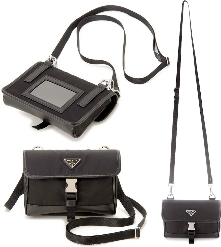 プラダ スマホショルダーメンズ プラダ PRADA ショルダーバッグ長財布 スマートフォンケース取り外し可能ショルダーストラップトライアングルメタルロゴ ショルダーウォレットブラックサフィアノカーフレザー×ナイロン 牛革 ナイロン NEROPLATINOF0002F0522