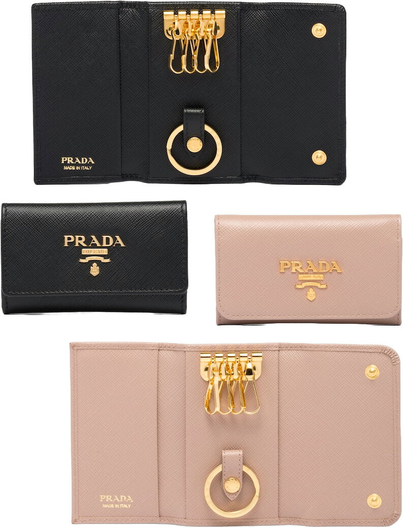 プラダ キーケース（メンズ） PRADA プラダ レディース メンズキーリング付き4連キーケースキーホルダー ブラック ピンクベージュ クロスハッチサフィアーノレザーNEROF0002BKF0236PKBE