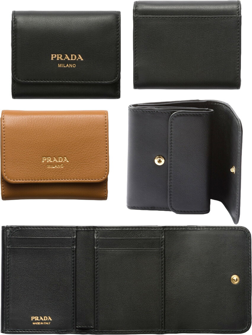 プラダ ミニ財布 レディース PRADA プラダ レディースフラップ付き小銭入れ付き三つ折り財布箔押しエンボスロゴ ミラノロゴブラック キャメルブラウン3折り財布 ミニ財布 牛革 ゴールドロゴ 型押しレザーF0002F03BHCA