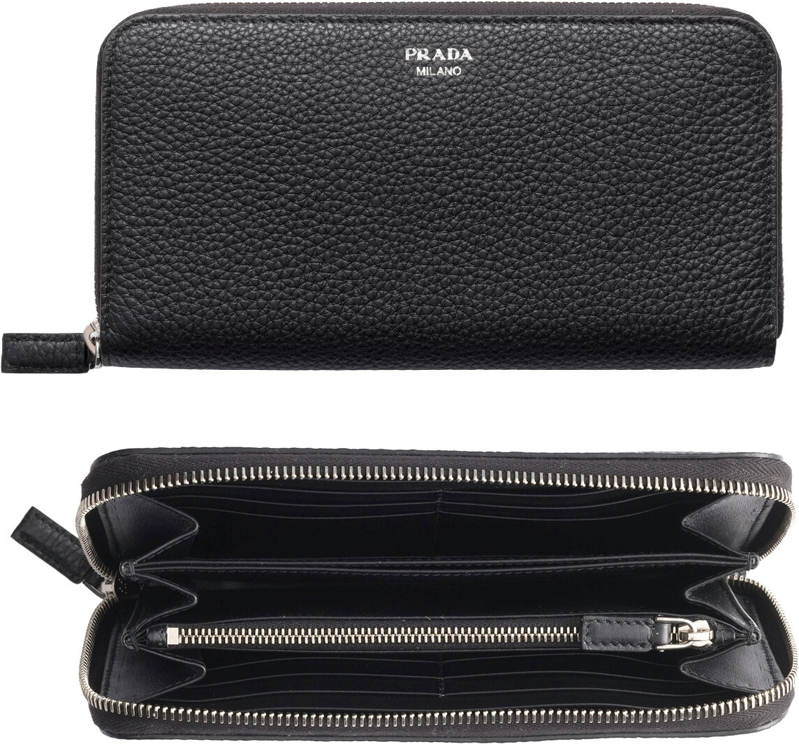 PRADA プラダ メンズ レディース小銭入れ付きラウンドファスナー長財布ブラック ナチュラルグレインレザーミラノレタリングロゴ ジップウォレットロングウォレット さいふ 箔押しロゴモアレ×レザーライニング F0002BK