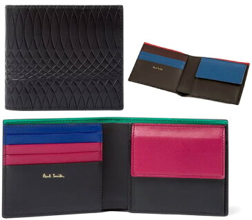 Paul Smith ポールスミスメンズ小銭入れ付き二つ折財布エンボスパターン 幾何学ブラック コンビネーションカラー2つ折り財布 ゴールドシグネチャーGeometry ASXC-Bイタリアンカーフレザーグリーン パープル×ブルーレザートリム