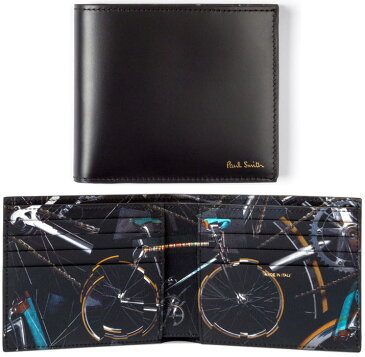 Paul Smith ポールスミスメンズ二つ折り財布箔押しロゴ 自転車ブラック2つ折り財布小銭入れ付きタイプも有マルチカラーバイシクルポールのお気に入りロードバイクグラフィックプリントBILLFOLD WALLET AUPC79BKBIKE PRINT INTERIOR