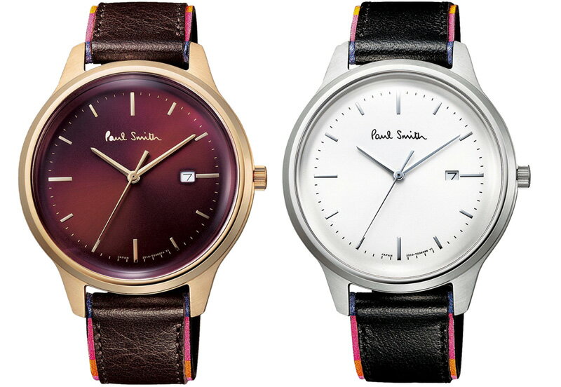 ポールスミス 腕時計 Paul Smith watchポールスミスウォッチゴールドケース×ワインパープルシルバーケース×ホワイト 腕時計ブラック レザーベルト ザシティアナログ カレンダー表示付きアーティストストライプパイピングカーフレザーストラップ