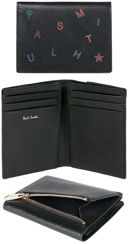 Paul Smith ポールスミス メンズファスナー小銭入れ付き二つ折り財布立体ランダムアルファベット&スターレターブラックスムースカーフレザーアーティストストライプカラー2つ折り財布 3D 星UVプリント ミニ財布サイフ さいふ ウォレット