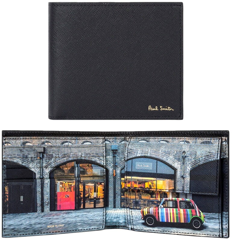 Paul Smith ポールスミスメンズ小銭入れ付き二つ折り財布キングクロス駅ターミナルショップマルチストライプミニクーパーグラフィックプリント 箔押しロゴ小銭入れ無し カードウォレット2つ折り財布 ブラック